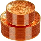 Rubtlamp 60Pcs Orange Plastic Plates, Orange Disposable Plates With Gold Rim, Hammered Plastic Plates Include 30 Dessert Platos, 30 Dinner Platos for Party