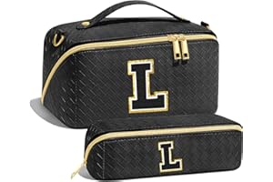 YOOLIFE Initial Cosmetic Bag Make Up Bag - Multifunctional Black Travel Makeup Bag Toiletry Bag for Women Makeup Bag Skincare Bag Brush Bag Travel Essentials Leather Makeup Bags for Women Gifts L