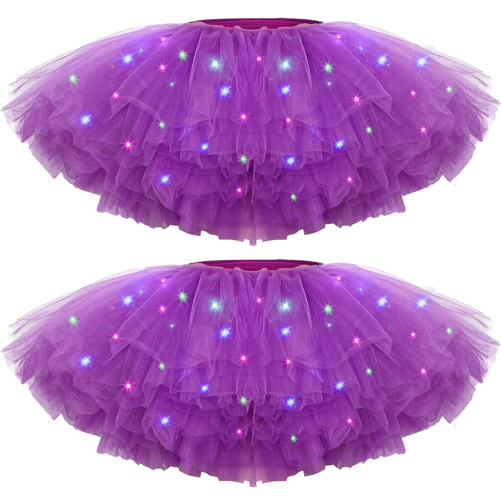 Photo 1 of 2 Pack LED Tutu Skirt Light up Tutus 5 Layered Tutus for Women 80's Neon Tulle Skirt Party Carnival Costume Glitter(Dark Purple)