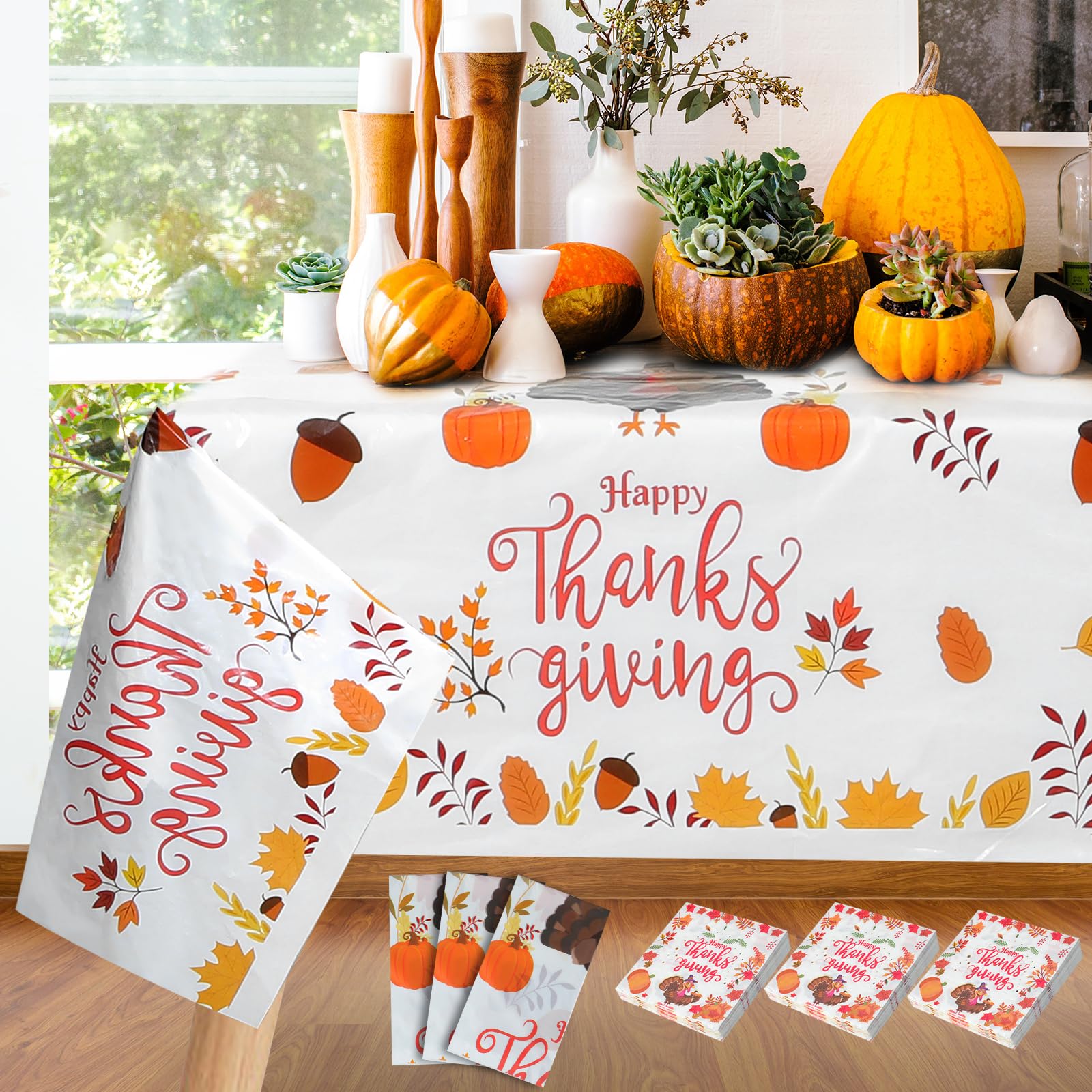 Photo 1 of Thanksgiving Tablecloth and Thanksgiving Napkins Set, 3 Pcs Plastic Disposable Fall Table Cloths 54 x 108 Inch and 60 Pcs Fall Paper Napkins for Autumn Harvest Party Home Kitchen Table Decor