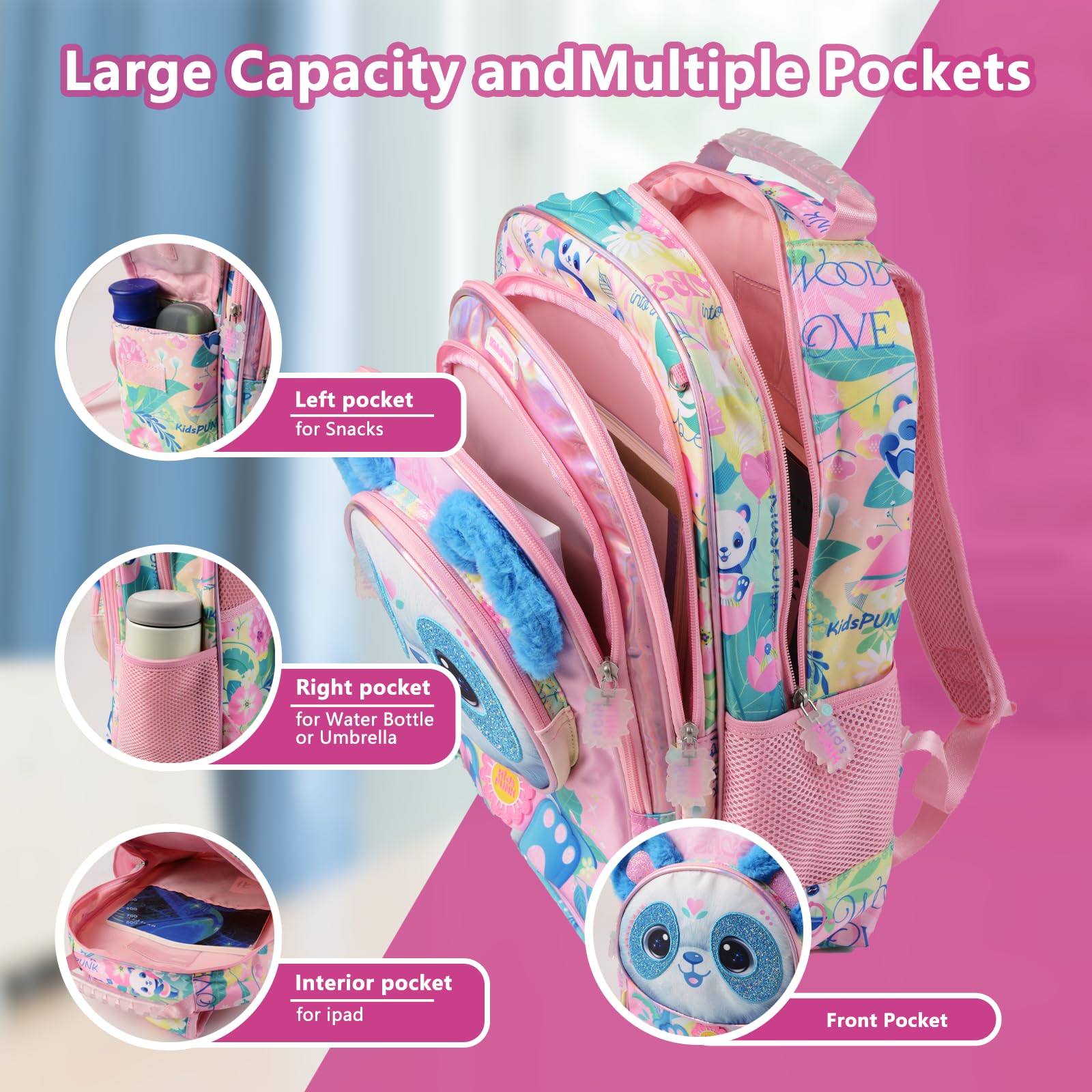 Girls Backpack Kids Backpacks for Girls Cute Panda Backpack for Girls Kawaii Backpack for Preschool Elementary Kindergarten,Pink,Large Capacity,16 Inch