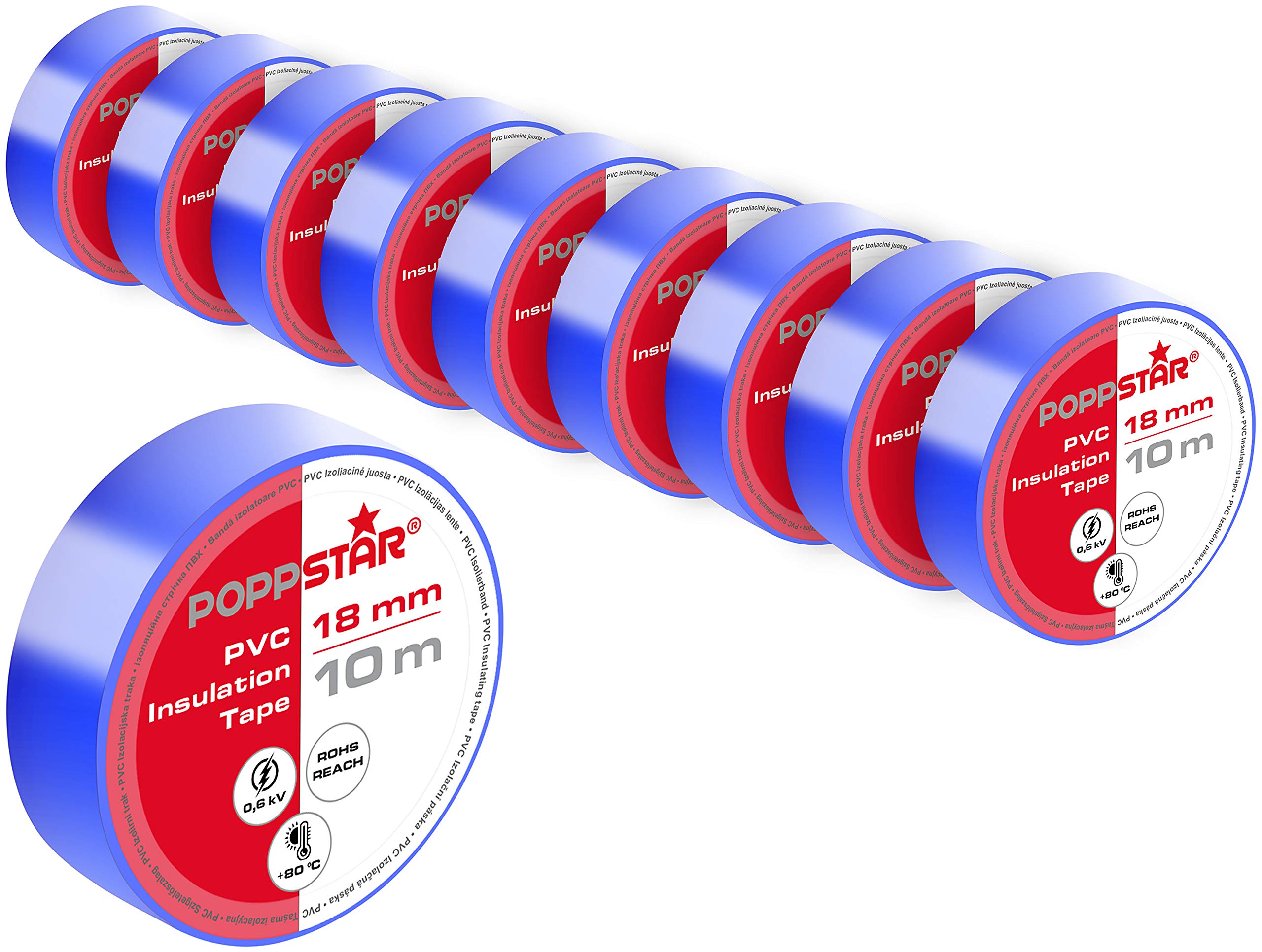 POPPSTAR PVC insulating tape 10m (18mm wide, 0.18mm thick), blue, 10 rolls