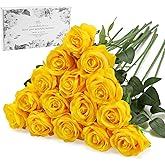 Yellow Fake Roses Artificial Flowers - 16 Pcs Fake Artificial Roses Silk Flowers with Stems for Home Wedding Hotel Office Centerpiece Decor