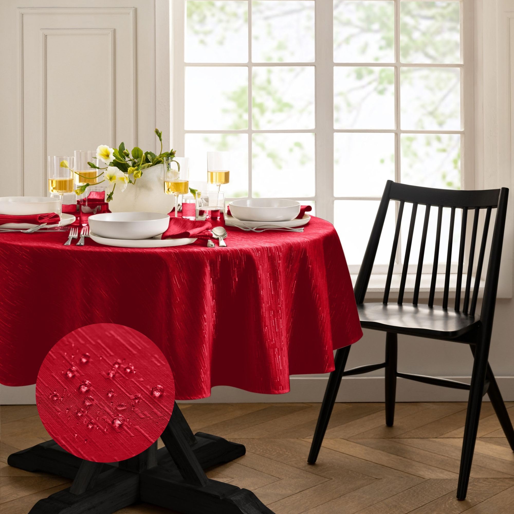 Elrene Home Fashions Continental Solid Texture Water, Stain & Wrinkle Resistant Tablecloth, 90″ Round, Red