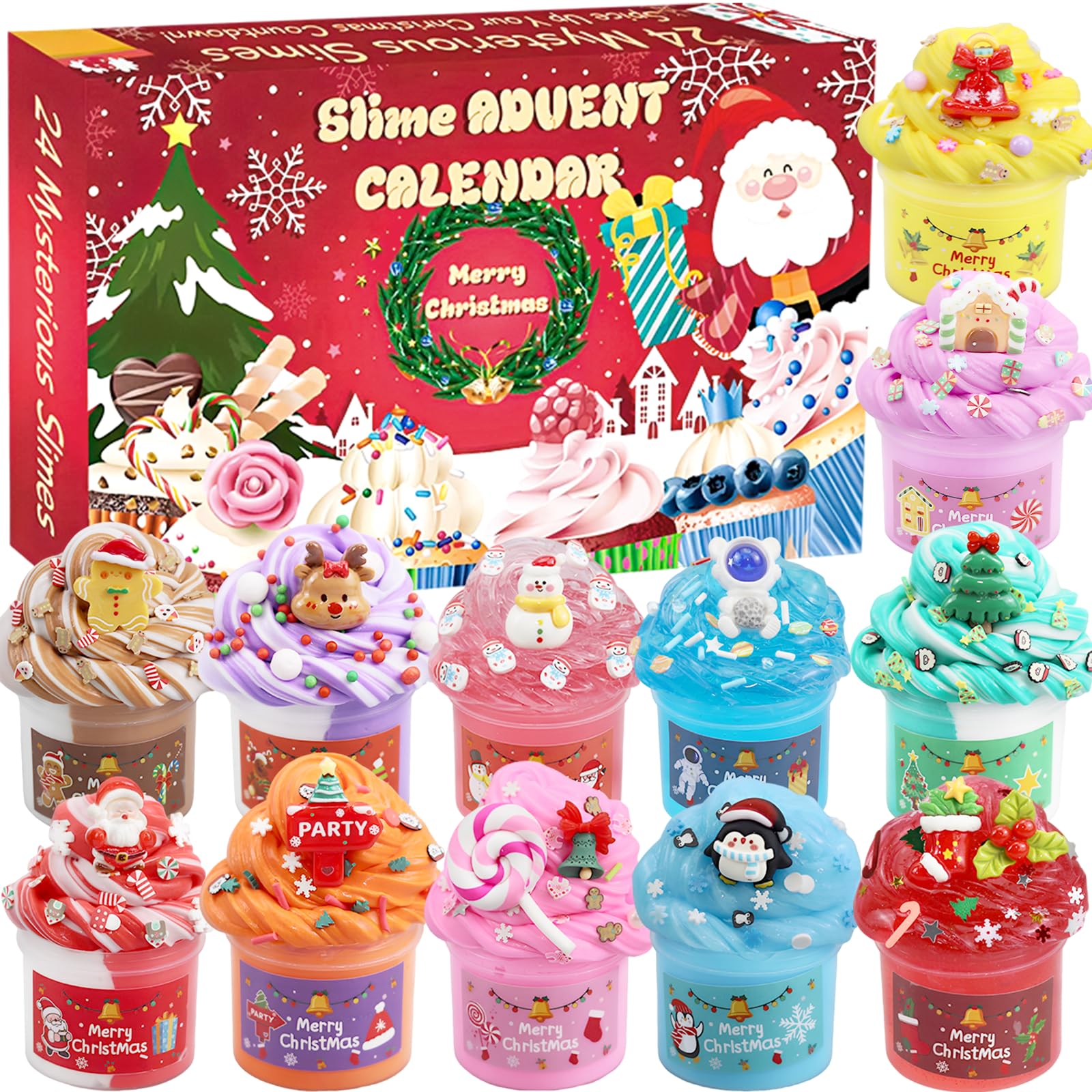 Slime Advent Calendar 2025, 24-Day Countdown to Christmas Surprise Christmas Party Gifts, Textured and Fluffy Slime Kits, C hristmas Toys Suitable for Boys and Girls Aged 3 to 12 (red)