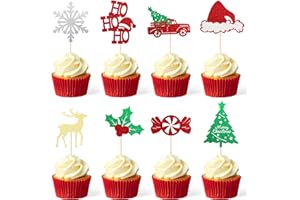 Gexolenu 32 PCS HO HO HO Cupcake Toppers, Double-sided Glitter Santa Hat Reideer Snowflake and Tree Cupcake Picks For Celebrating Christmas Theme Cake, New Year Holiday Xmas Party Decorations Supply