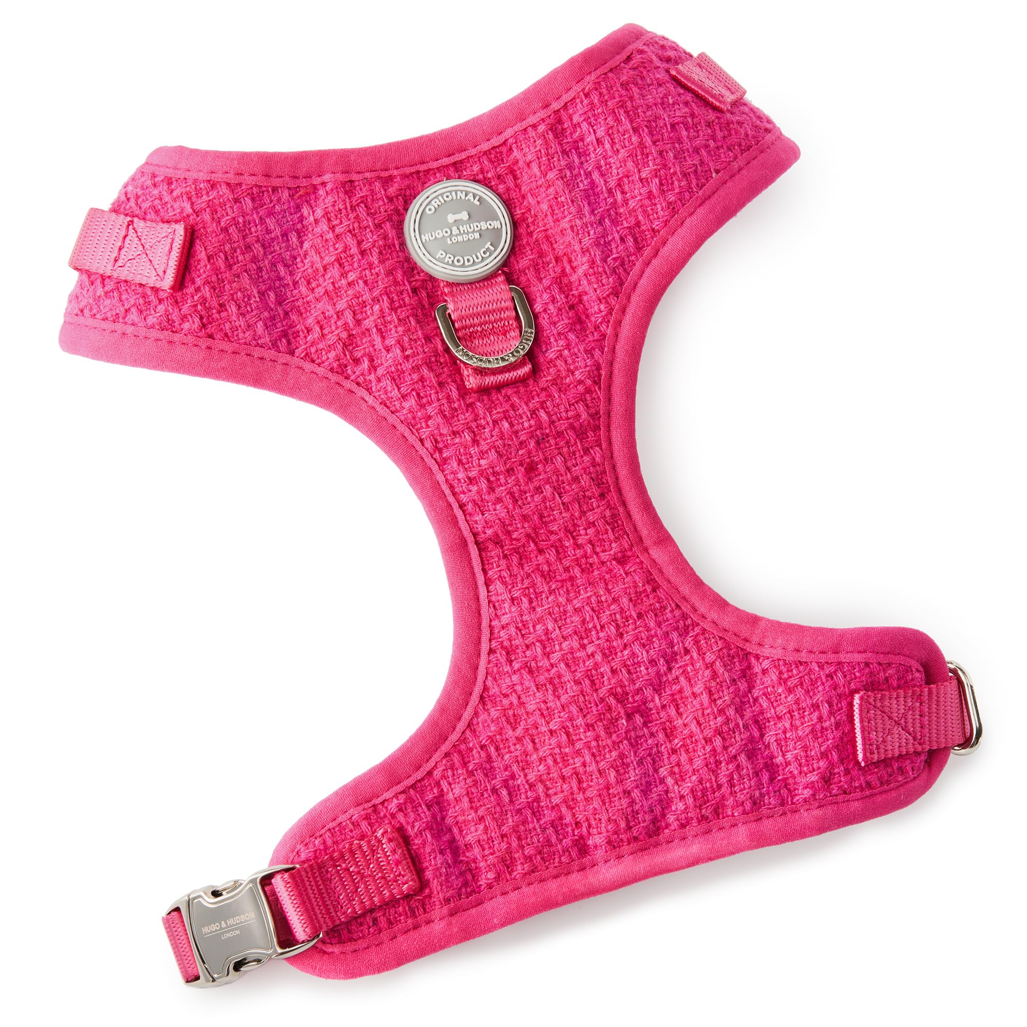 HUGO & HUDSON Tweed Dog Harness Adjustable Soft Padded No Pull Pet Vest with 2 Leads Clips, Pink, XS