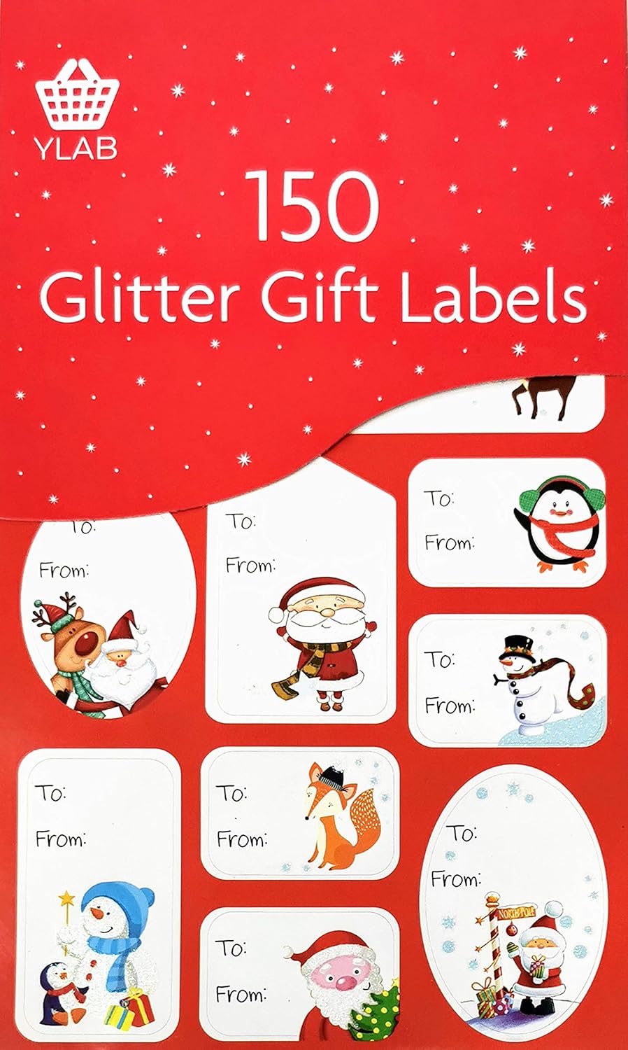 150 Christmas Gift Label Stickers, Glitter Finish, Red & White Theme, Assorted Sizes (4-6cm), Santa, Snowman, Penguin