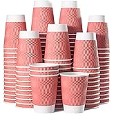MATICAN Paper Coffee Cups, 100-Pack 12-oz Insulated Corrugated Disposable Paper Cups, Ripple Wall Cups for Hot Beverage or Cold Drinks, Coral (No Lids)