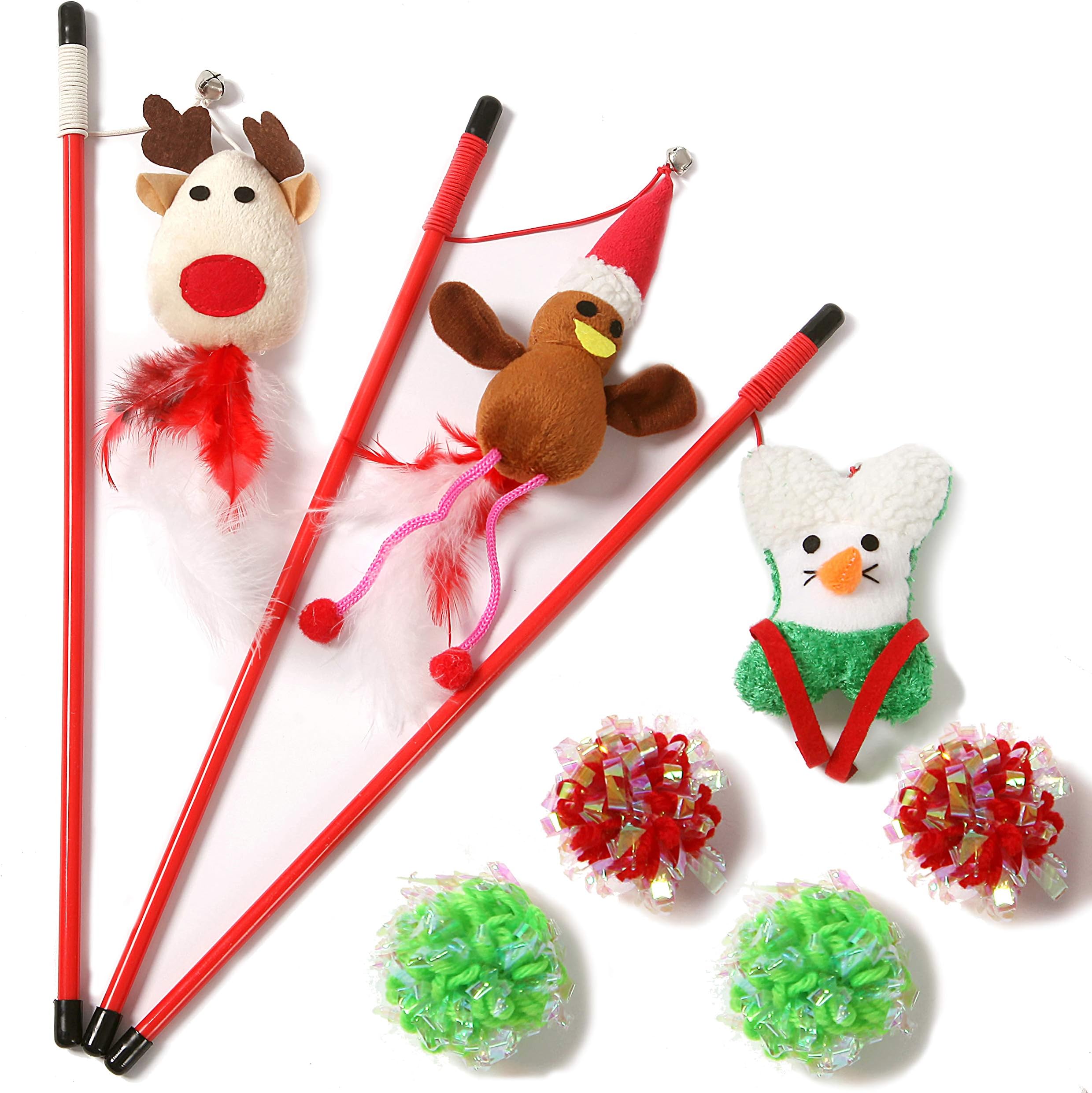 LUCKITTY Christmas 3 Cat Wands Feather Teaser Toys with Ribbons,Bells,Elastic Rope,and 4 Mylar Crinkle Rope Balls,7 Packs Toy Set,Styling:Christmas Reindeer,Santa Claus,Christmas Tree,Gift for Kitten