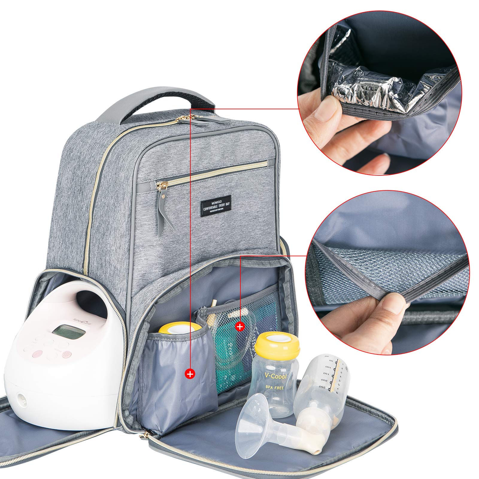 MOMIGO Breast Pump Backpack Diaper Bag - Multi-Function Mommy Outdoor Working Backpack with Insulation Pocket