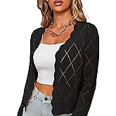 CARDYDONY Women's Long Sleeve Cropped Cardigan Sweaters Open Front Hollow Out Shrugs S-XL