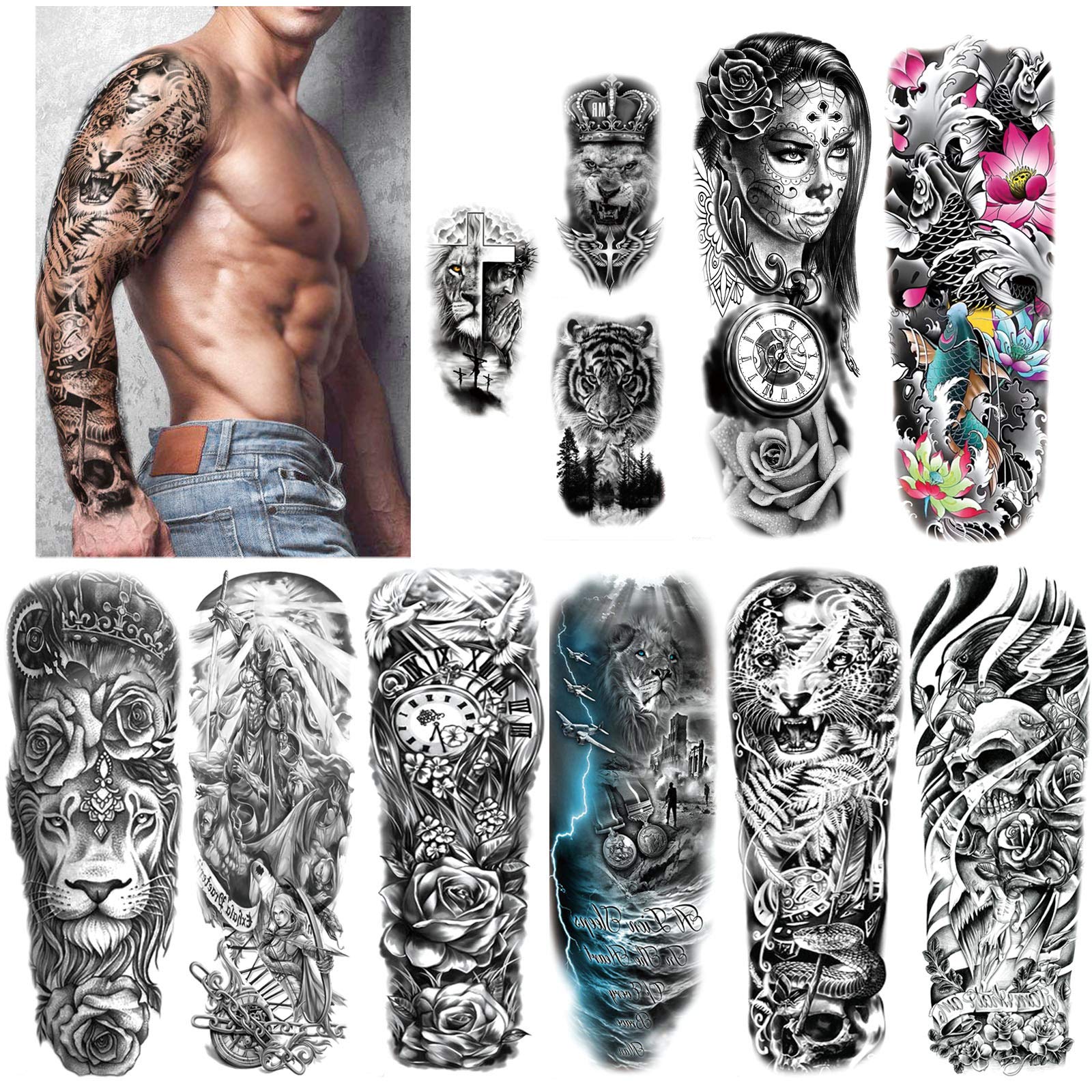 HOWAF Extra Large Waterproof Temporary Tattoos 8 Sheets Full Arm Fake Tattoos and 3 Sheets Half Arm Tattoo Stickers for Men and Women Adults, Military Warrior Rose Wolf Lion Tiger
