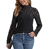 MISMI Women's Floral Lace Top Long Sleeve Mock Neck Top Dressy Casual Shirt with Camisole 2 PCS Set