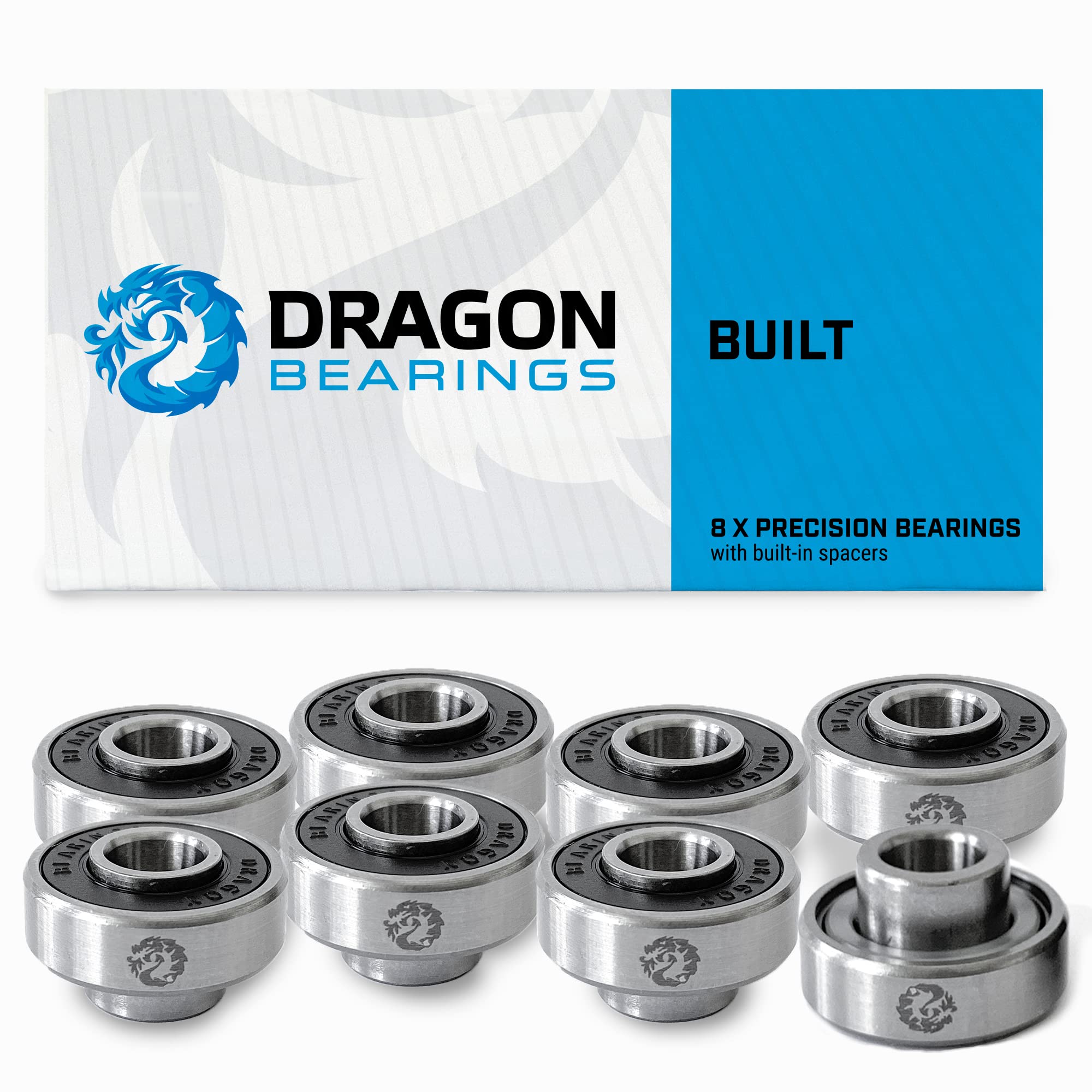 Dragon Skateboard Bearings Set (8 Pack) - 608 Longboard Bearings for Skateboard Inline & Roller Skate - Easy Install Built in Bearings - Guaranteed for Life (Built)