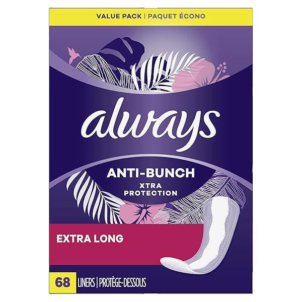 ALWAYS ANTI-BUNCH XTRA PROTECTION, PANTY LINERS FOR WOMEN, LIGHT ABSORBENCY, EXTRA LONG LENGTH, LEAKGUARD + RAPIDDRY, UNSENTED, 68 COUNT