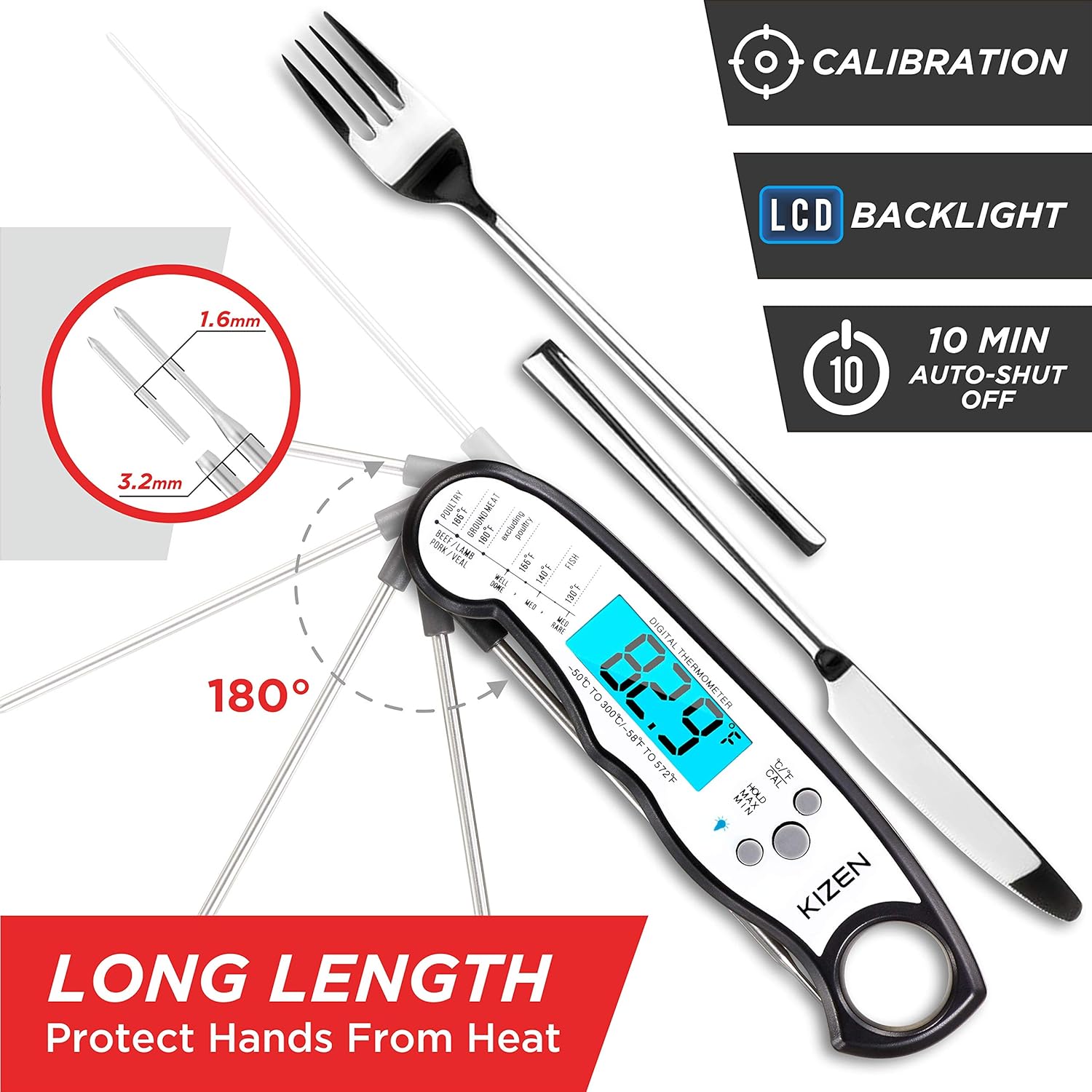 Kizen Instant Read Meat Thermometer - Best Waterproof Ultra Fast Thermometer with Backlight & Calibration. Kizen Digital Food Thermometer for Kitchen, Outdoor Cooking, BBQ, and Grill!: Kitchen & Dining