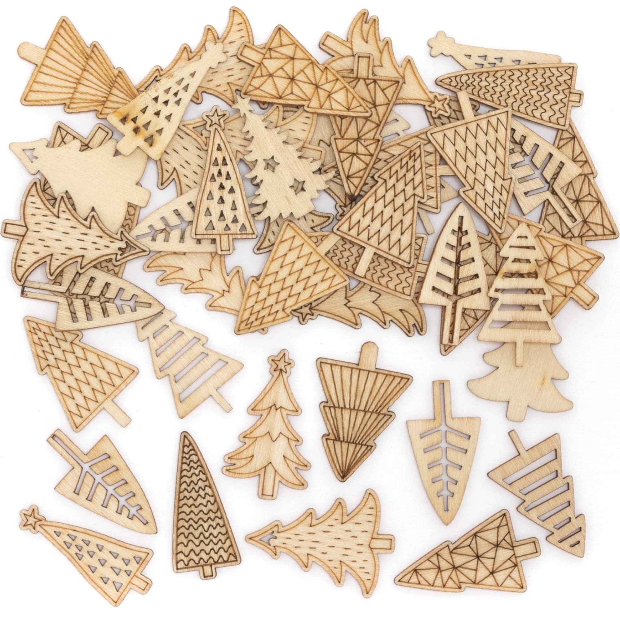 Baker Ross FE982 Christmas Tree Mini Wooden Shapes - Pack of 72, Embellishments for Crafting, Craft Supplies for Children, Ideal for Kids Arts and Craft Projects