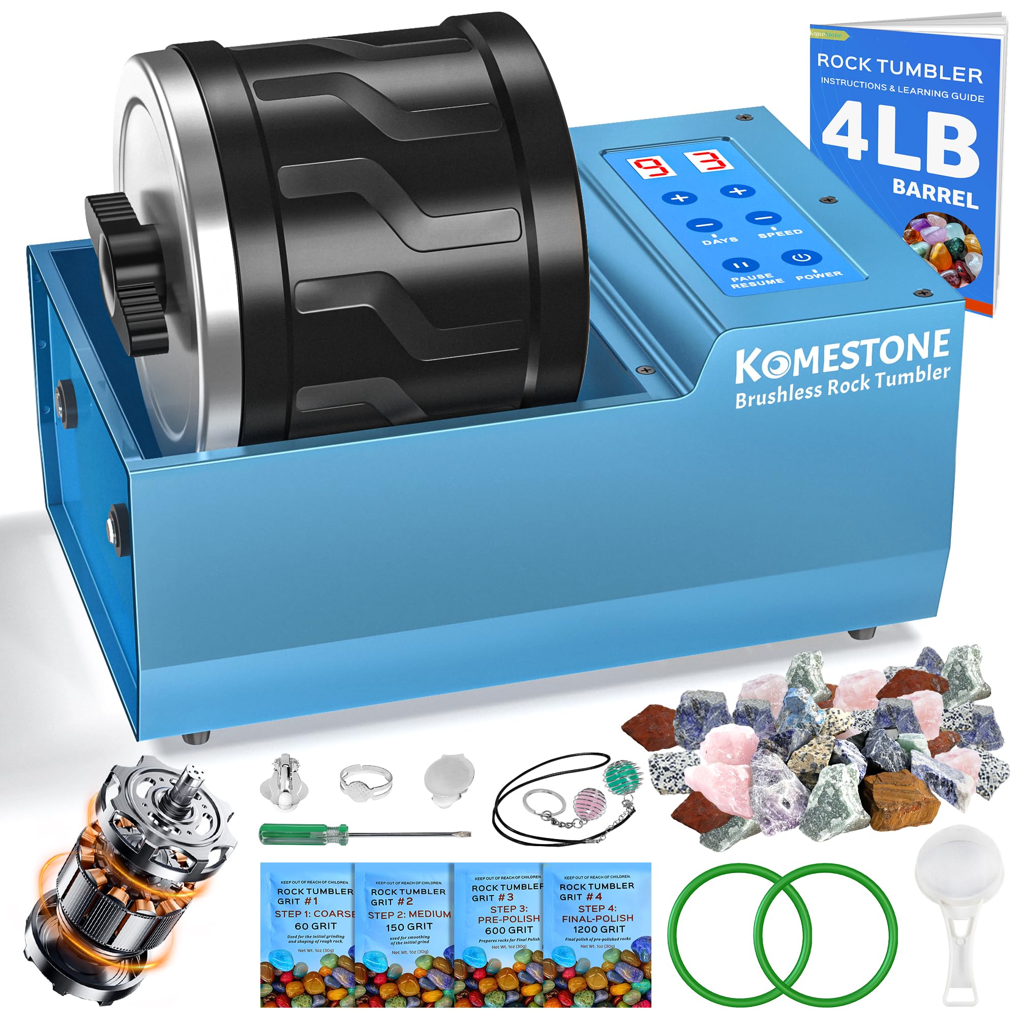 Photo 1 of Professional Rock Tumbler Kit – 4LB Large Capacity Barrel with Brushless Motor & Heavy Metal Base, Adjustable Speed & 9-Day Timer, Includes All Accessories, Rock Polisher for Adults & Collectors