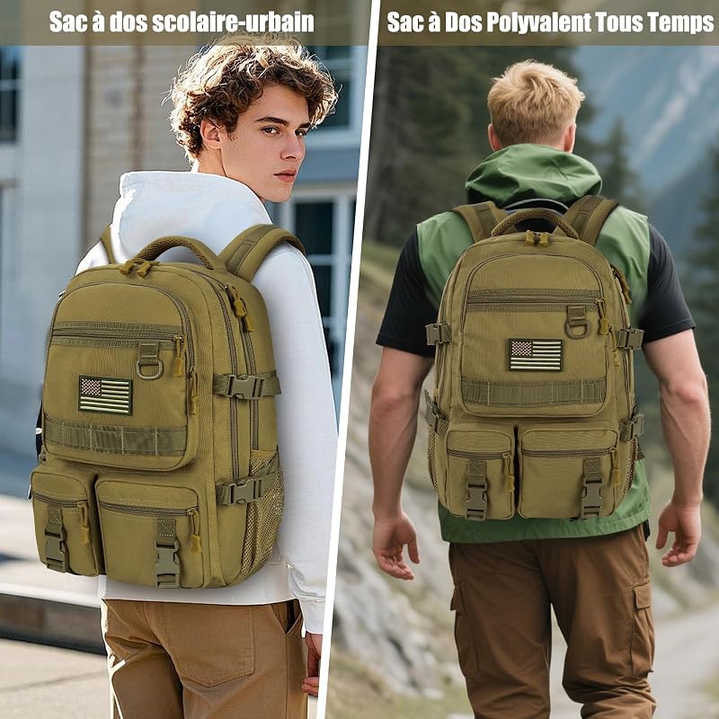 Cartable Garcon Scolaire Ado Fille Enfant, Grand Sac à dos Homme Femme 17,3" PC Sacs Scolaires pour Collège lycée Université et Voyage, 13 14 15 16 17 18 19 20 21 Ans, Kaki