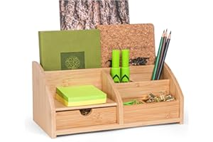 MissionMax Medium Bamboo Caddy Desk Organizer and Storage with Drawer and Compartments for all your Office and Home needs