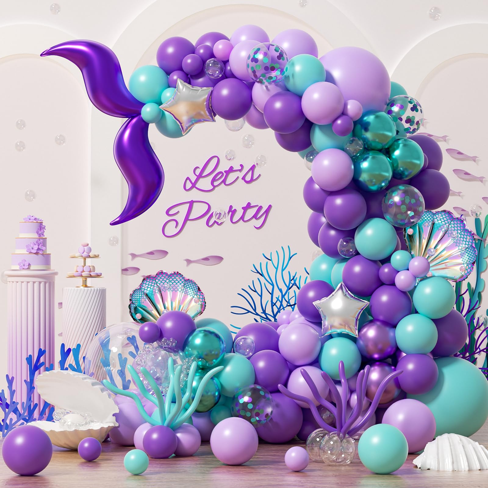 Photo 1 of 138Pcs Mermaid Balloon Arch, Purple Lake Blue Birthday Party Decorations with ShellTail Balloons for Little Mermaid Birthday Under the Sea Party Baby Shower Decorations