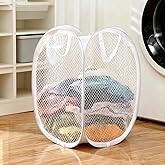 Oslynia Foldable Laundry Basket, 14.1×14.1×22.8inch White Pop-Up Mesh Laundry Bag, Portable Foldable Laundry Hamper, Bathroom