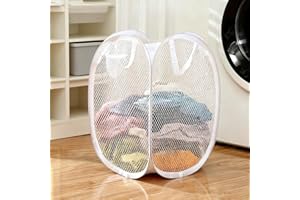 Oslynia Foldable Laundry Basket, 14.1×14.1×22.8inch White Pop-Up Mesh Laundry Bag, Portable Foldable Laundry Hamper, Bathroom