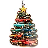 Car Ornament – Classic Cars Christmas Decor – Vintage Auto Gift – Retro Muscle Cars Ornament – Holiday Card – Christmas Tree Decoration – Suncatcher Effect Stained Glass Window Hanging – Car Hanging