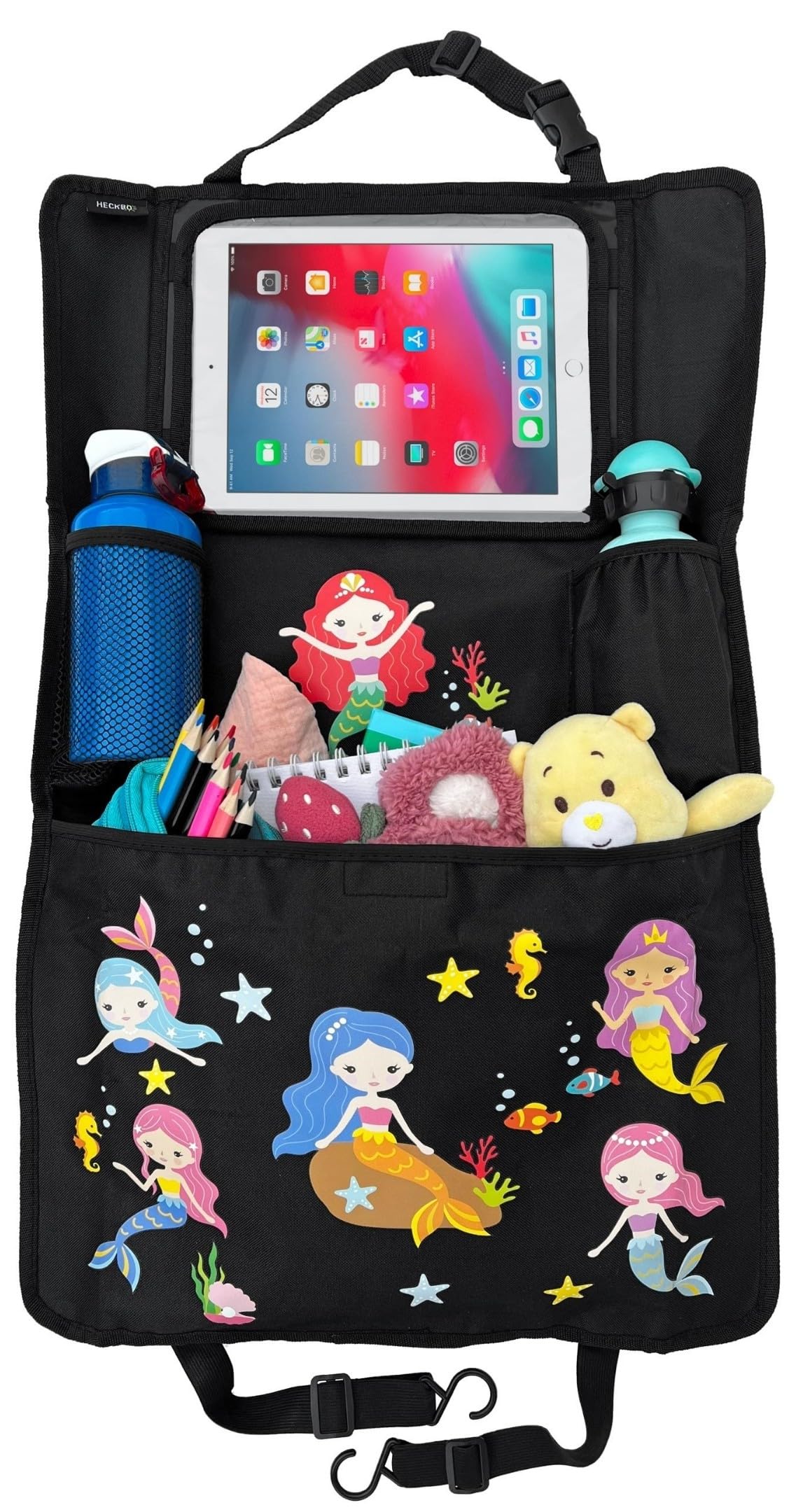 HECKBO 1x Children’s Car Back Seat Protector Organiser with Adjustable Tablet Holder incl. Touch Screen Cover for Tablets up to 20" – Mermaid Design – Universal Fit – 70x45 cm