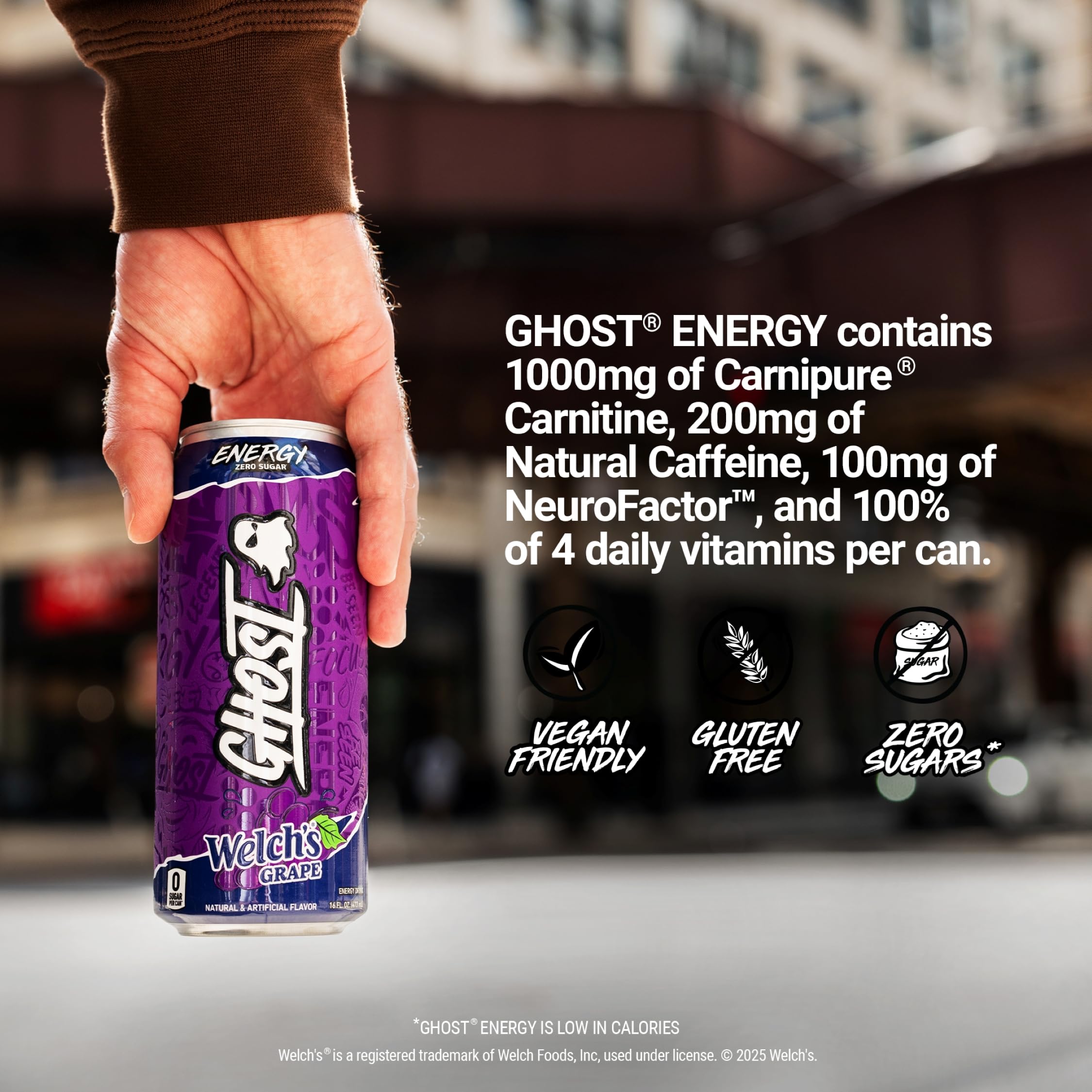 GHOST Energy Drink - 12-Pack, Welch's Grape, 16oz Cans - Energy & Focus & No Artificial Colors - 200mg of Natural Caffeine, L-Carnitine & Taurine - Gluten-Free & Vegan