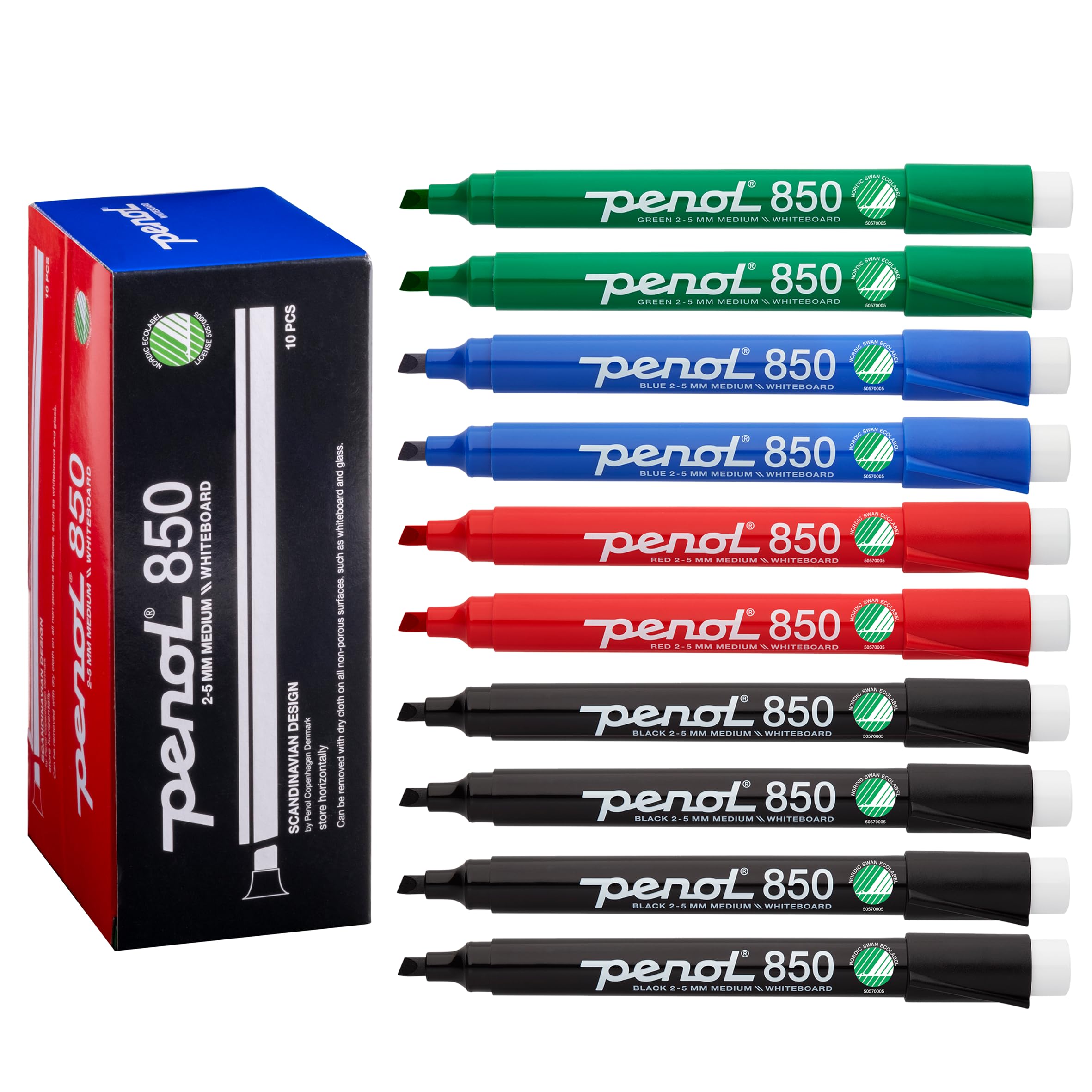 PENOL Whiteboard Markers, 10 Whiteboard Pens in Multicolours - 850, 2-5mm Chisel Tip Dry Erase Marker with Nordic Swan Ecolabel, Non-Toxic & Odorless Board Pens for Office, Schools and Home