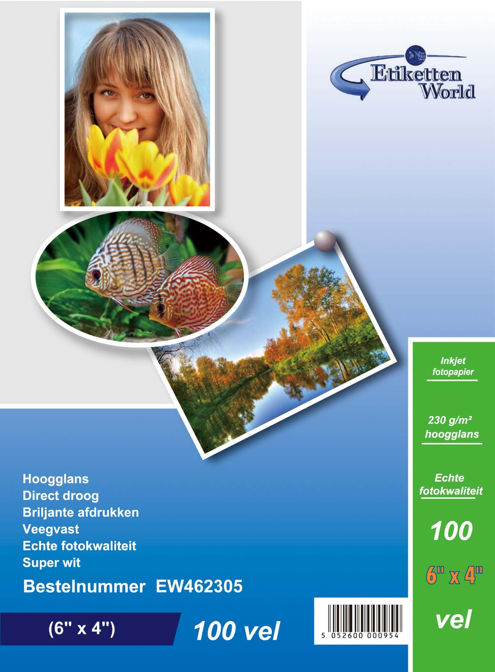 100 Sheets 4"x6" 230g/sqm EW462305100 Photo paper: very glossy and waterproof photo paper, compatible with all current Ink Jet and Photo Printers from EtikettenWorld BV