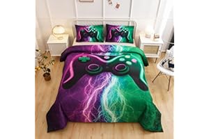 Meeting Story Gamer Gaming Bedding Sets Tie Dye Lightnings Gamepad Comforter Set for Boys Games Console Action Buttons Novelty Colorful Modern Room Decor Home Quilt Set (Twin, Green-Purple)