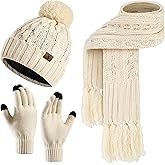Womens Winter Warm Beanie Hat Touchscreen Gloves Lone Neck Scarf Set with Fleece Lined Pom Skull Cap Gift for Women 3PCS