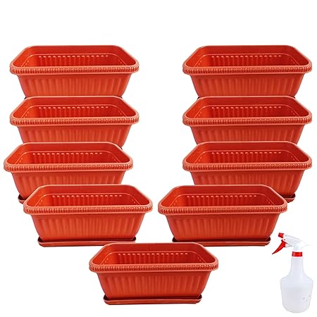 RED WIND Garden Balcony_ Size 19 Inch_ Flowering Planter_Pack of 9_ Terracotta Color_with Bottom Tray and Spray Water Bottle RWFP23