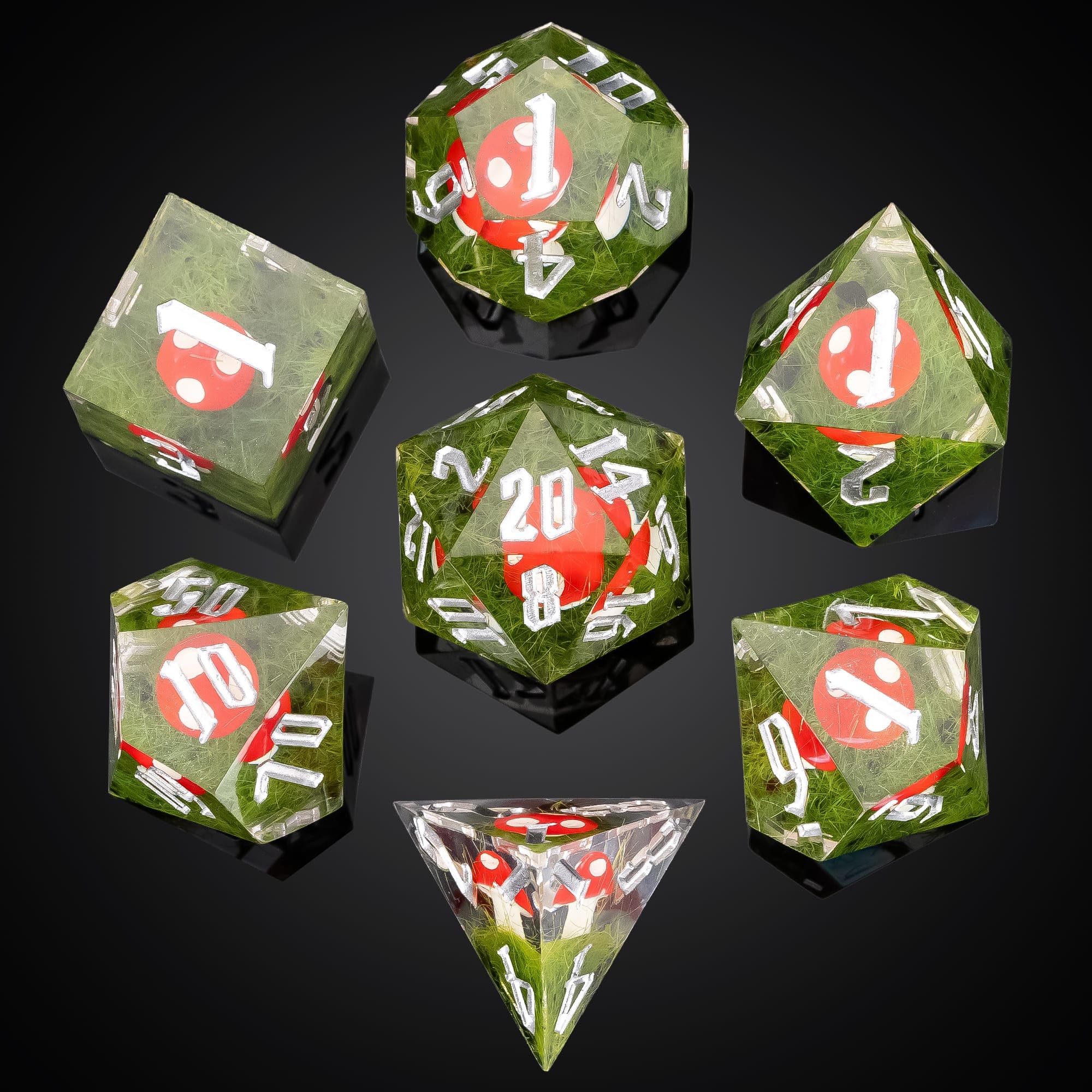 Cusdie 7-Piece Sharp Edges DND Dice Set with Red Mushroom in Elegant Box Perfect for RPG Tabletop Gaming Dungeons and Dragons Role Playing Game