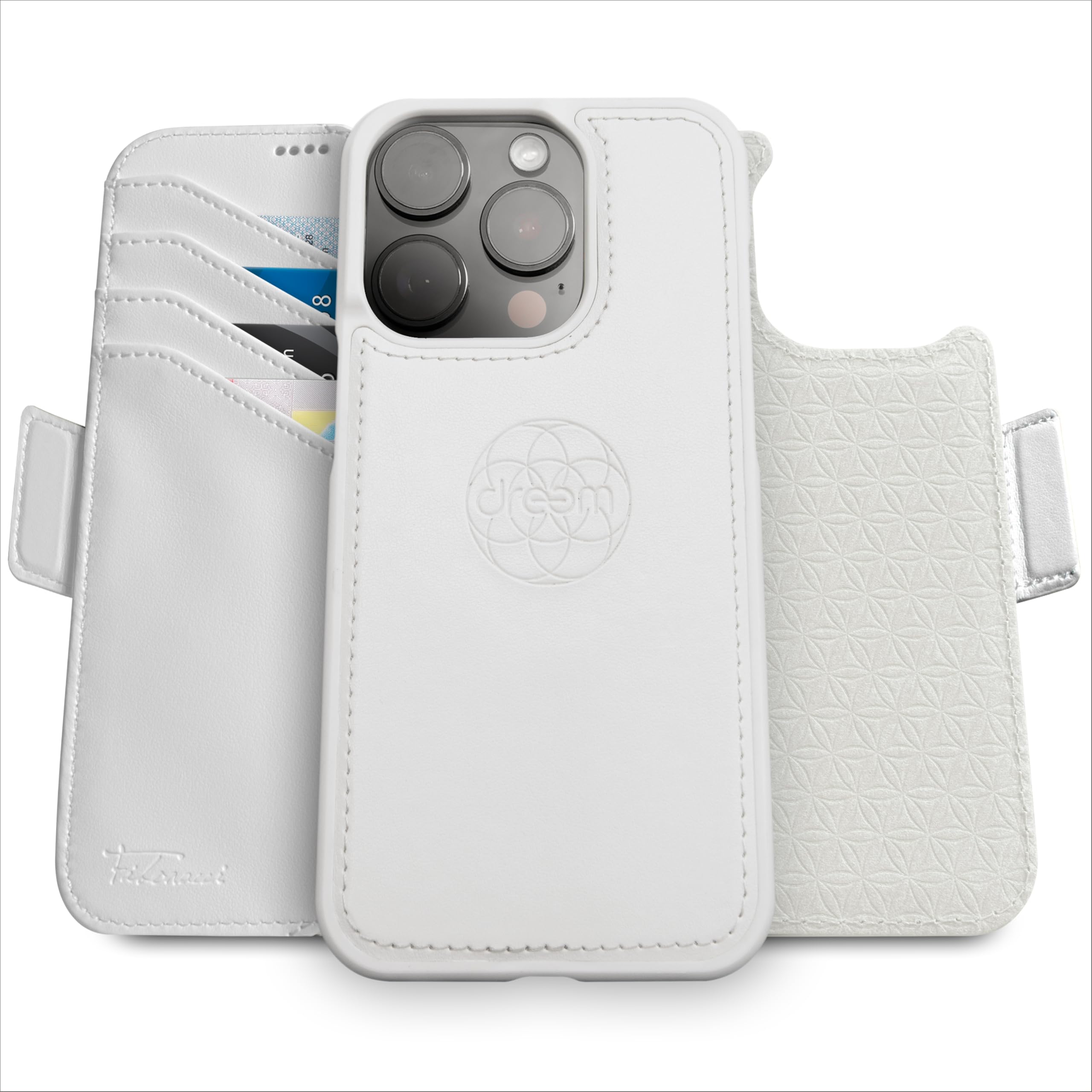 dreem Wallet Case for iPhone 16 Pro Max, Revolutionary Vert/Hor Phone Stand, Magnetic Detachable Vegan Leather Flip Cover RFID Blocking Card Holder, MagSafe-Fit, Gift Box [Fibonacci: White]