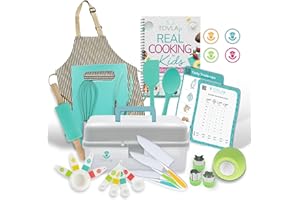 Tovla JR Kids Real Cooking and Baking Ultimate Gift Set | Montessori Kid-Safe Knives, Apron, Visual Cookbook, Timer, Storage Case & Tools | Premium Christmas & Birthday Gift for Girls & Boys