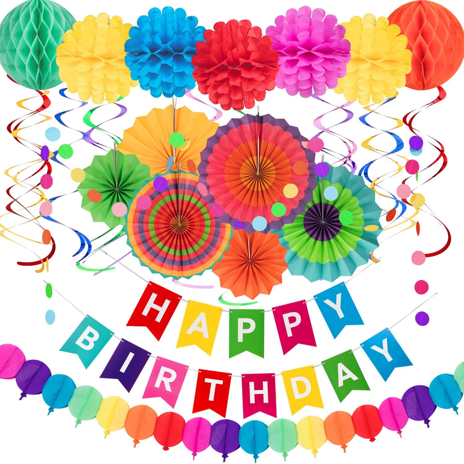 Whaline 28Pcs Colorful Birthday Decorations, Fiesta Hanging Paper Fans,Hanging Swirl,Polka Dot String,Pom Poms Flowers,Happy Birthday Banner,Paper Garland for Birthday Wedding Decor Mexican Party: Toys & Games
