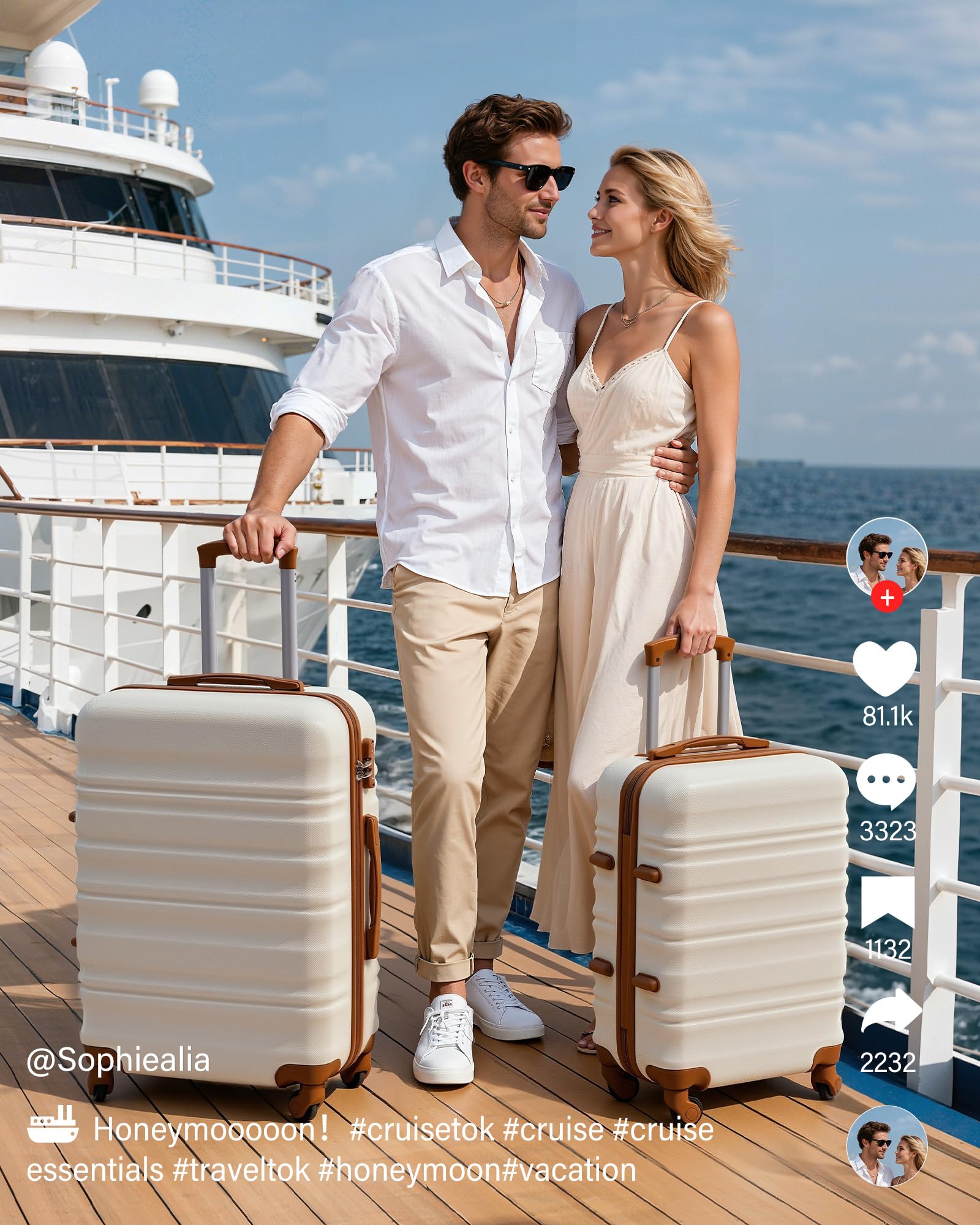 LONG VACATION 6 Piece Luggage Set Carry on Suitcase with ABS+PC hardshell, Spinner Wheels & YKK Zipper TSA Lock (WHITE-BROWN, 6 piece set)