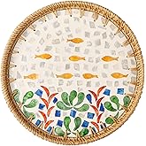 Aayoruro Round Rattan Tray with Mother of Pearl Inlay, Decorative Wicker Serving Tray with Wooden Base, Woven Basket Trays for Bread Fruits Coffee