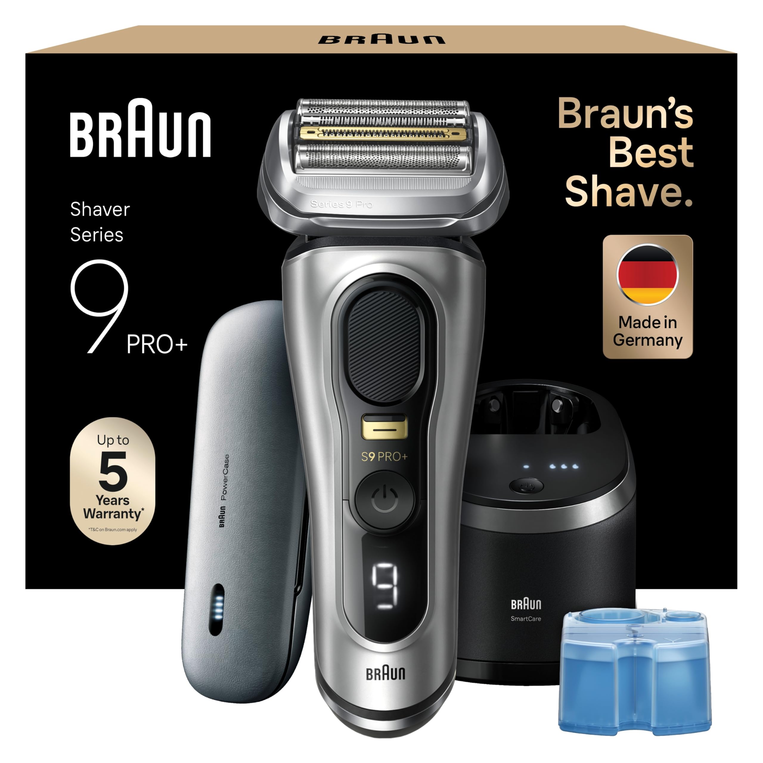 Braun Series 9 PRO+ 9577cc Afeitadora eléctrica para hombres, 5 elementos de afeitado profesional y recortadora de pelo largo de precisión, centro SmartCare 6 en 1, PowerCase para carga móvil, húmedo y seco, tiempo de funcionamiento de batería de 60 min