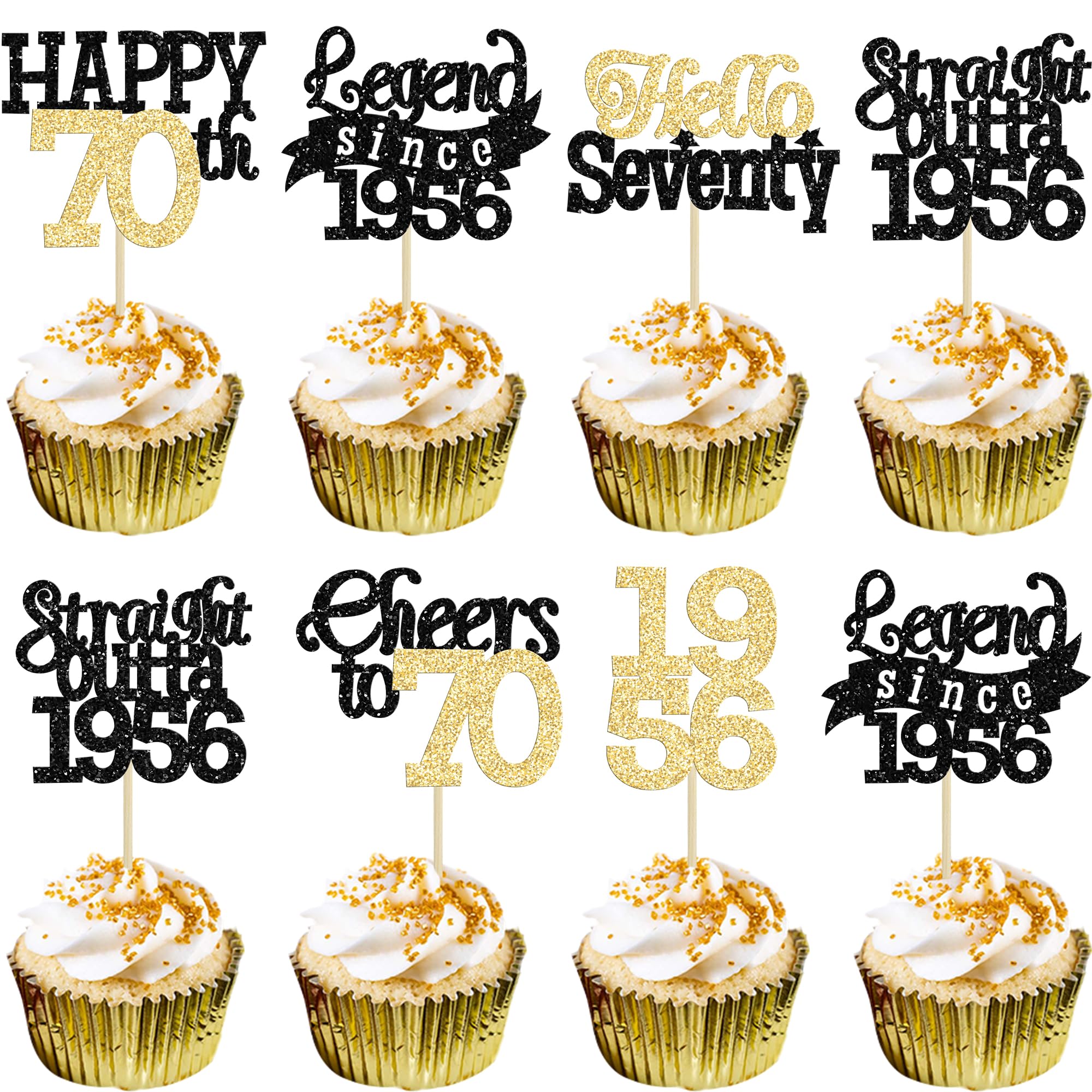 Gyufise 24Pcs Happy 70th Birthday Cupcake Toppers Hello Seventy Legend Since 1956 Cupcake Picks Cheers to 70 Years Cake Decorations for 70th Birthday Anniversary Party Supplies Black Gold