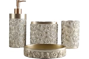 Hymmah Bathroom Accessories Set,Golden Design Toothbrush Holder,Farmhouse Bathroom Decor,4 Pcs Resin Gift Set Apartment Necessities, Contain Toothbrush Cup,Soap Dispenser,Soap Dish,Tumbler