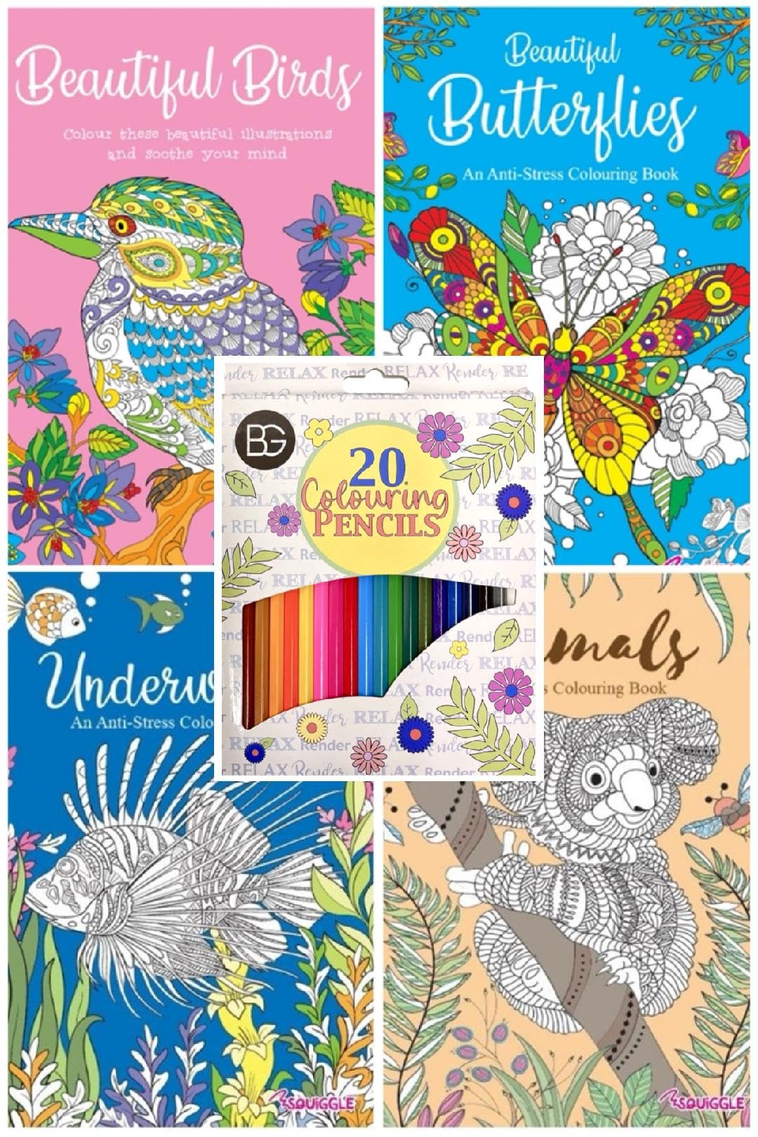 BG Colour Therapy Anti-Stress Adult Colouring Books Set of 4 with 20 Premium Colouring Pencils - Choose Your Set (SET 2)