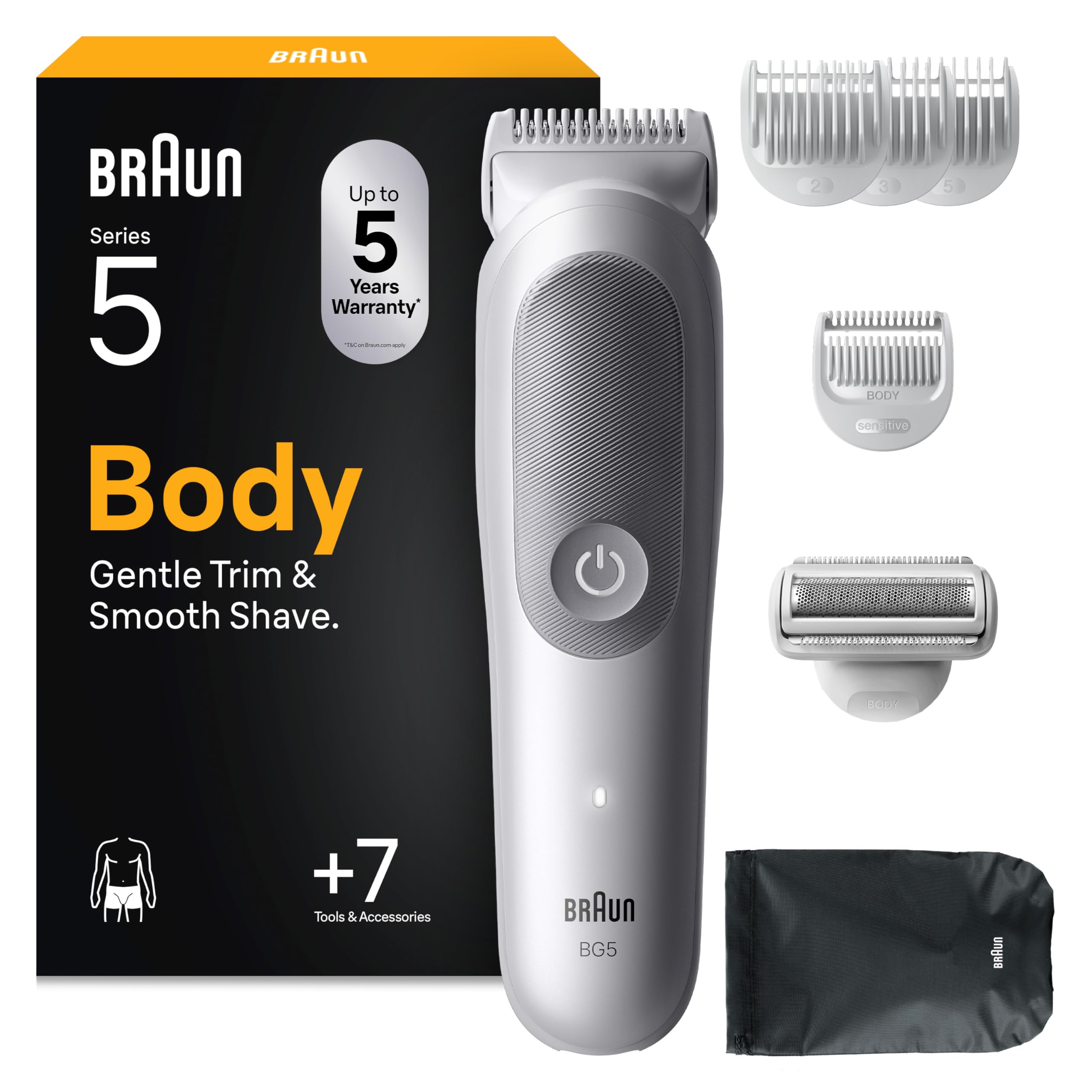 Braun Rasoio Elettrico Corpo Uomo Series 5, +7 Strumenti Cura Corpo, Con Tecnologia SkinGuard, 100 Min Autonomia, Testine SmoothShave & SensitiveTrim, Impermeabile, Rasoio Intimo Uomo, BG5555, Grigio