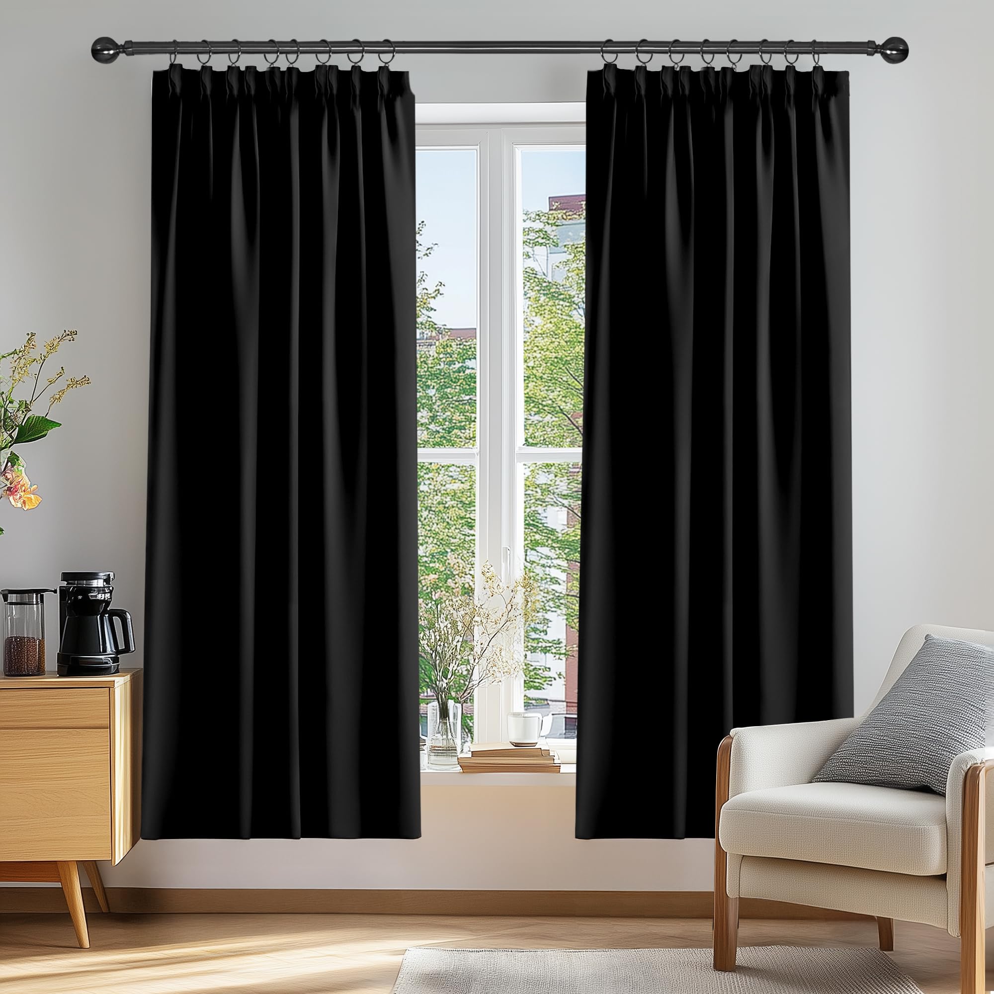 Deconovo Blackout Curtains Super Soft Thermal Insulated Energy Saving Pencil Pleat Blackout Curtains for Bedroom 52x72 Inch Black 2 Panels