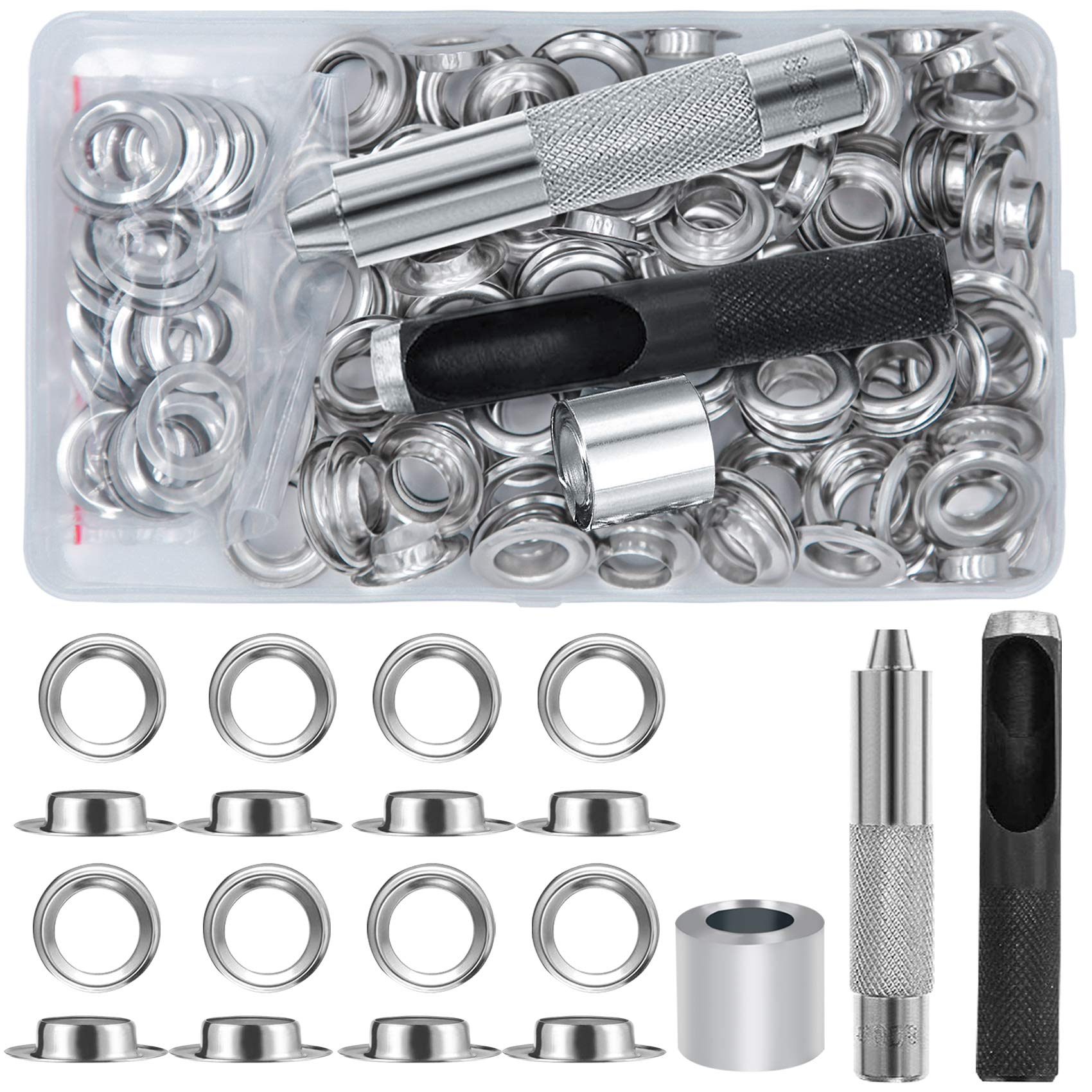 EuTengHao 100 Sets Grommet Kit Metal Eyelets Sets 1/2 Inch with Install Grommets Tool Kit for Clothes Shoes Bags Leather Jeans DIY Crafts (Silver)