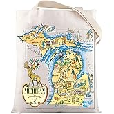LEVLO Fun State Map Tote Bag - Michigan Travel Souvenir Gift - 1940's Michigan Cartoon Illustration Shoulder Bag
